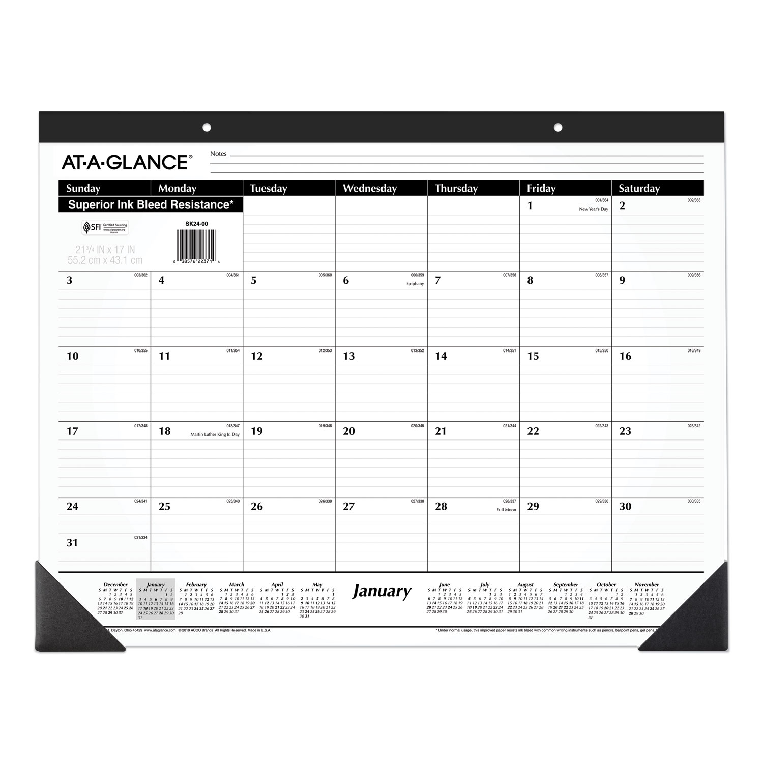 Ruled Desk Pad 22 x 17 White Sheets Black Binding Black Corners 12-Month Jan to Dec 2025 product image