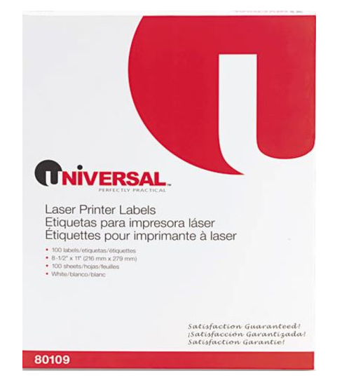 Universal White Laser Printer Permanent Labels 8 1/2 x 11 Box of 100 product image