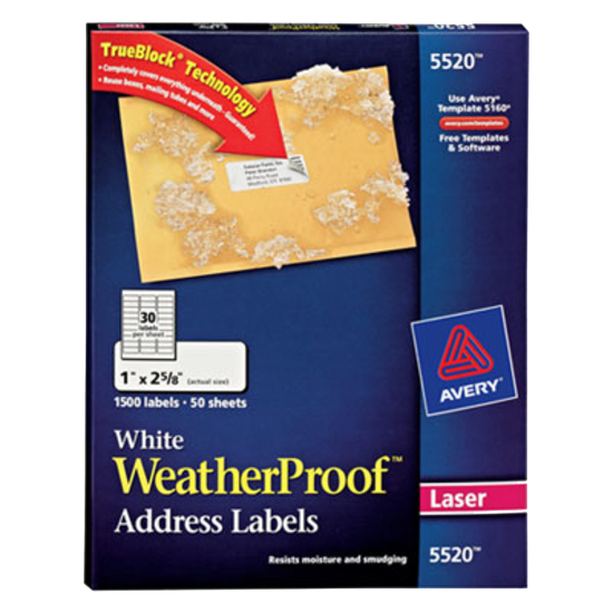 Avery® 5520 White WeatherProof Address Labels 1" X 2-5/8" Pack of 1500 product image