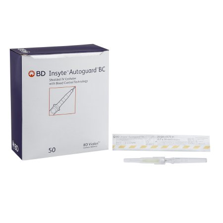 Peripheral IV Catheter Insyte™ Autoguard™ BC 24ga 3/4" BD Vialon Straight Hub Blood Control Push Button Safety Box of 50 product image