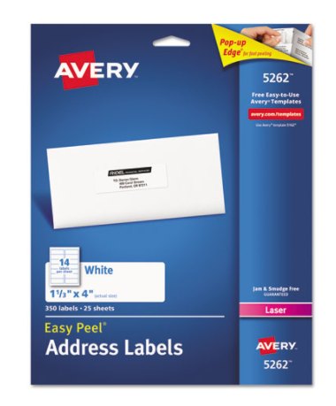 AVERY Easy Peel Mailing Address Labels Laser 1 1/3 x 4 White Pack of 350 product image