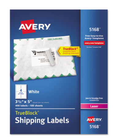 AVERY Shipping Labels with True Block Technology Laser 3 1/2 x 5 White Box of 400 product image