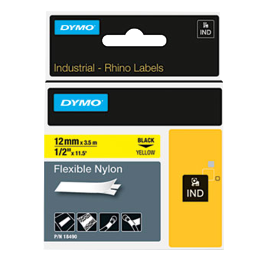 Dymo Rhino Flexible Nylon Label Tape Cassette 1/2" x 11-1/2' Black on Yellow product image