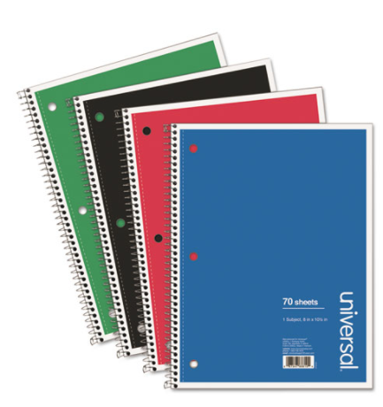 universal 1 Sub. Wirebound Notebook 10 1/2 x 8 Wide Rule 70 Sheet Assorted Covers Pack of 4 product image