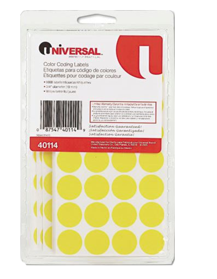 Universal Yellow Permanent Self-Adhesive Color-Coding Labels 3/4" dia Pack of 1008 product image