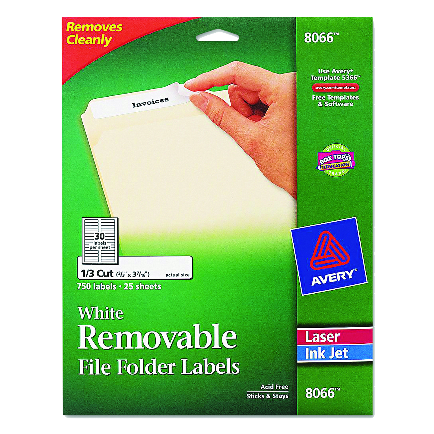 Avery Removable File Folder Labels with Sure Feed Technology White 30/Sheet 0.66 x 3.44 Pack of 750 product image