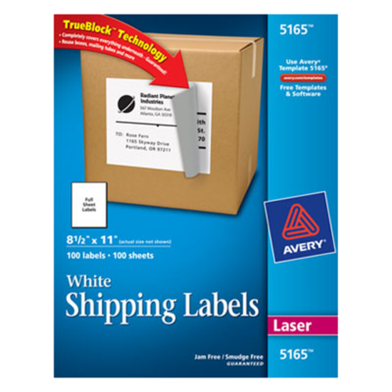 Avery® Shipping Labels with Ultrahold™ Adhesive and TrueBlock® 8-1/2" x 11" White Box of 100 product image