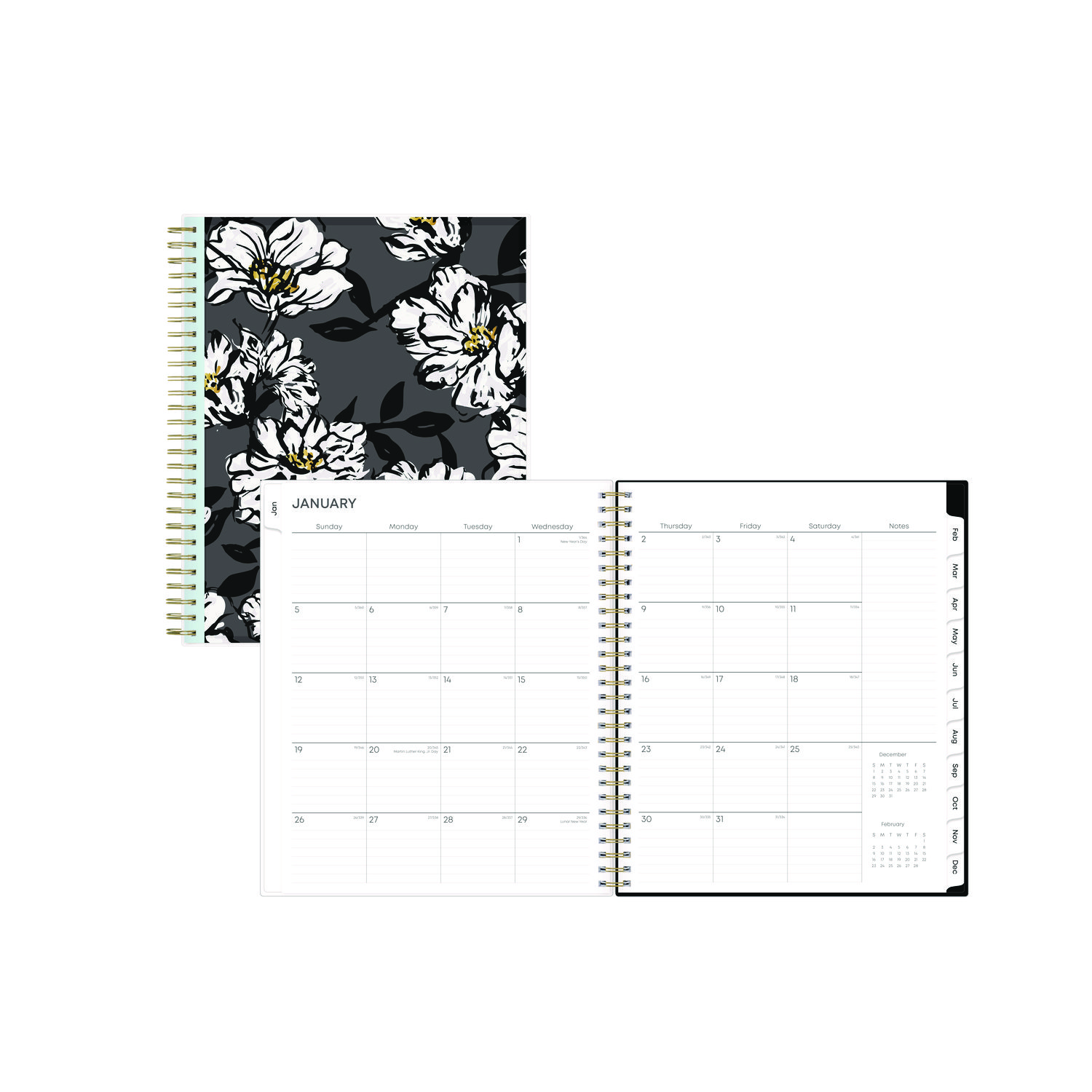 Baccara Dark Monthly Planner Floral Artwork 10 x 8 Gray/Black/Gold Cover 12-Month Jan to Dec 2025 product image