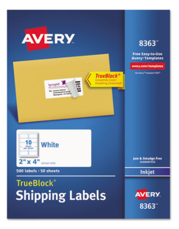 AVERY Shipping Labels with True Block Technology Inkjet 2 x 4 White Box of 500 product image
