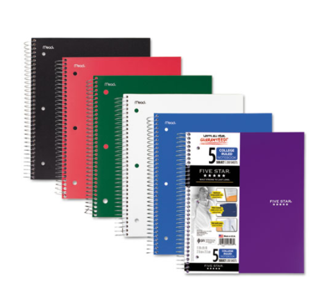 FIVE STAR Wirebound 5-Subject Notebook College Rule 11 x 8 1/2 200 Sheets Assorted product image