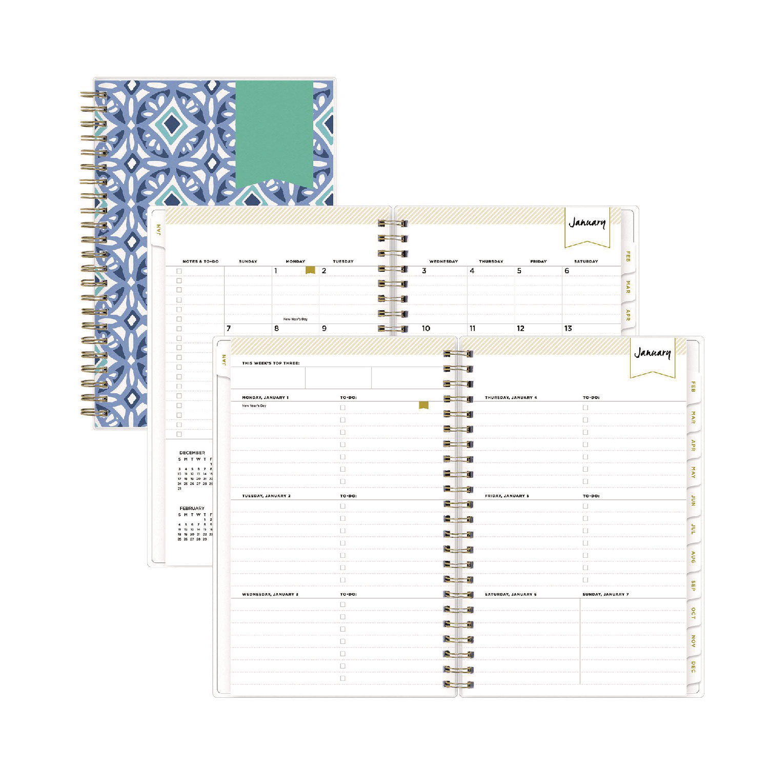 Day Designer Tile Weekly/Monthly Planner Geometric Artwork 8 x 5 Blue/White Cover 12-Month Jan to Dec 2025 product image