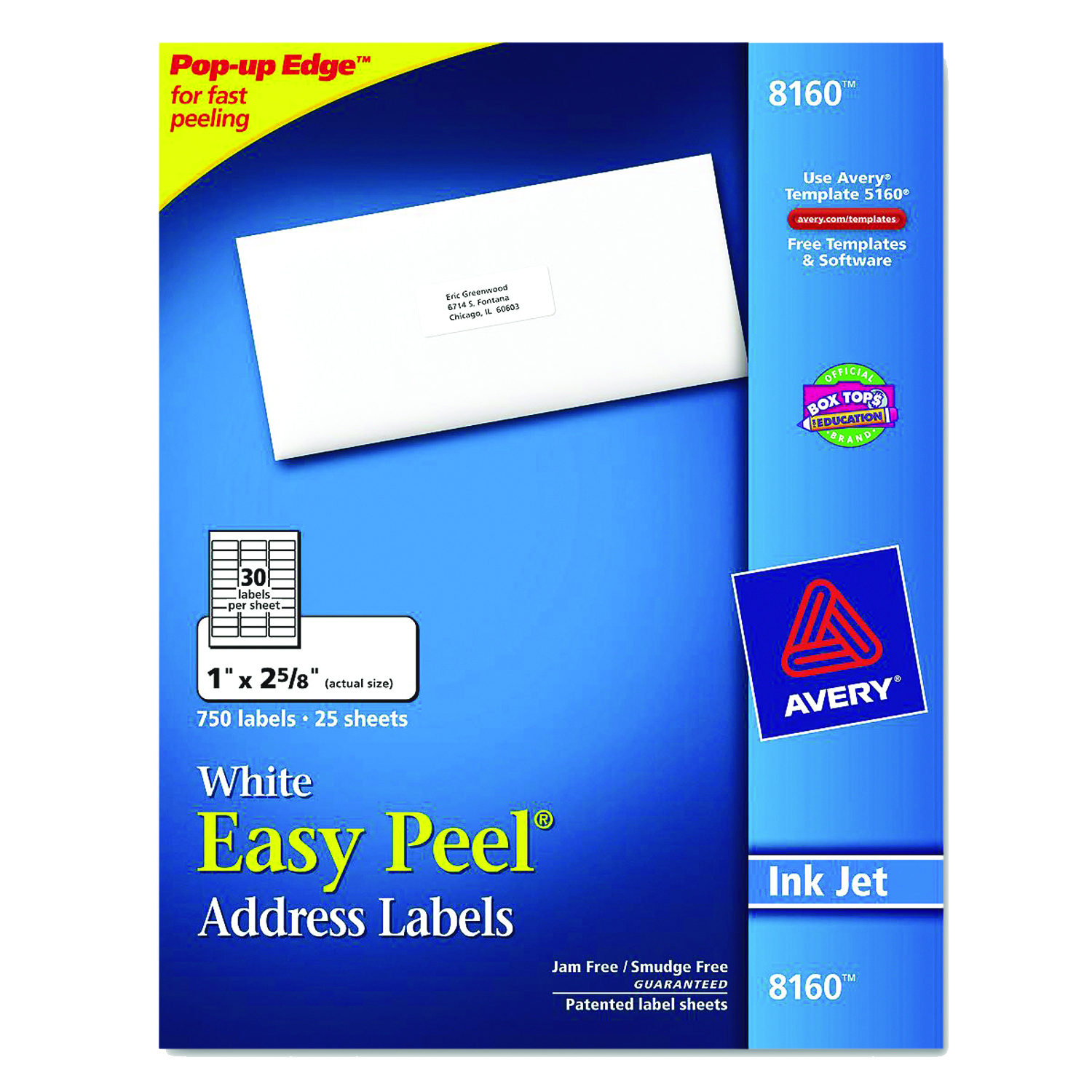 Avery Easy Peel White Address Labels with Sure Feed Technology Inkjet Printers White 30/Sheet 1 x 2.63 Box of 750 product image