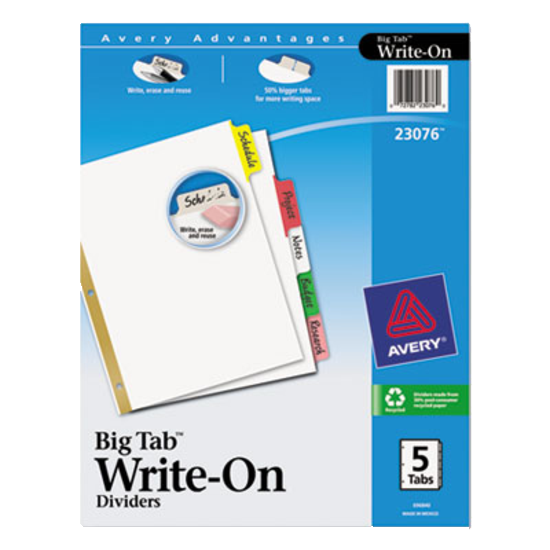 Avery® Big Tab Write-On Dividers with Erasable Laminated Tabs Clear Set of 5 product image