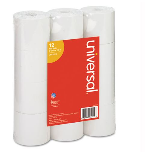 Universal White Adding Machine/Calculator Roll 16lb 1/2" Core 2-1/4"x150ft Pack of 12 product image