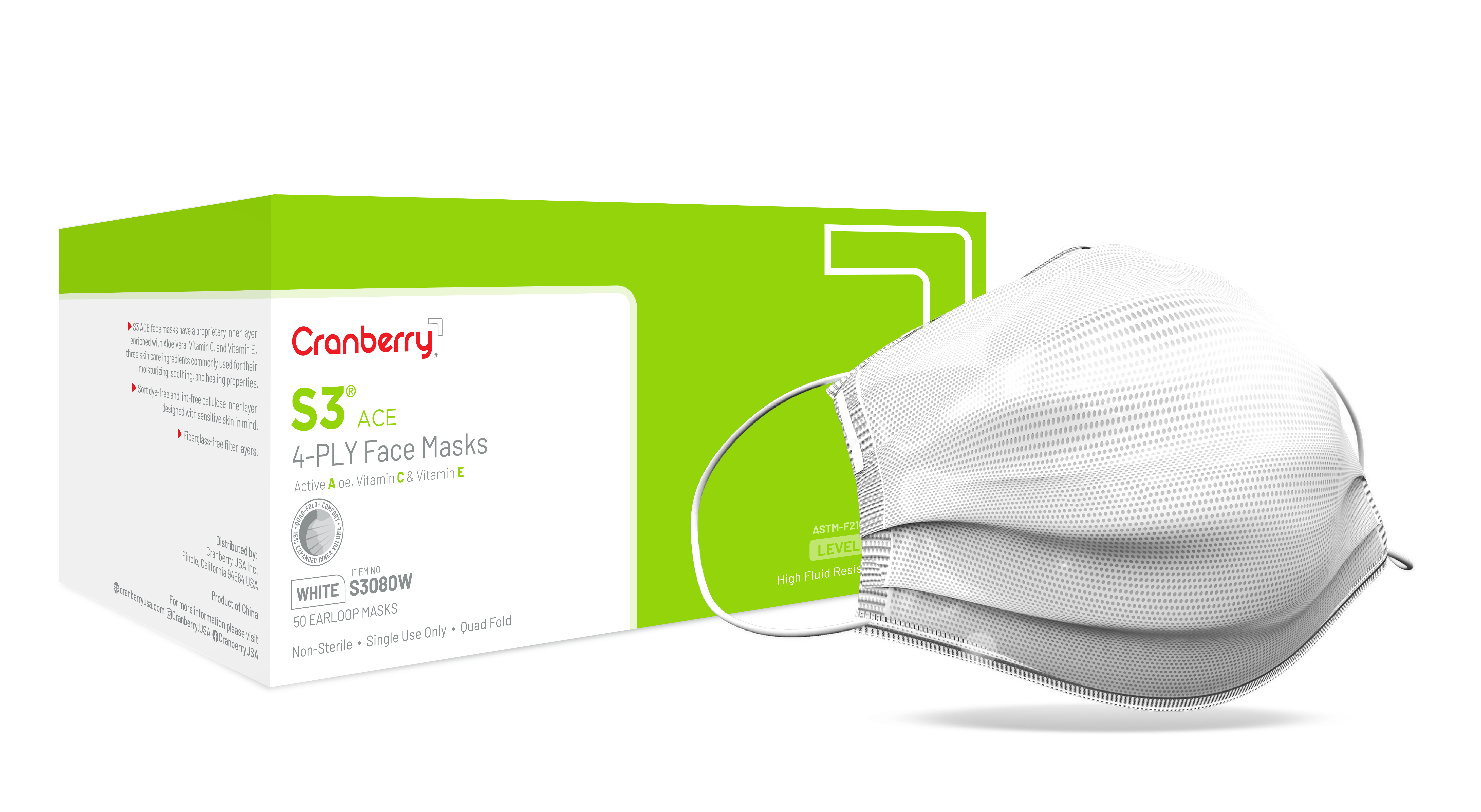 Cranberry S3 Ace Face Masks White 50/Bx ASTM Level 2, S3080W product image