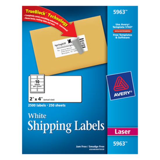 Avery® 5963 White Laser Shipping Labels with TrueBlock 2" x 4" Box of 2500 product image