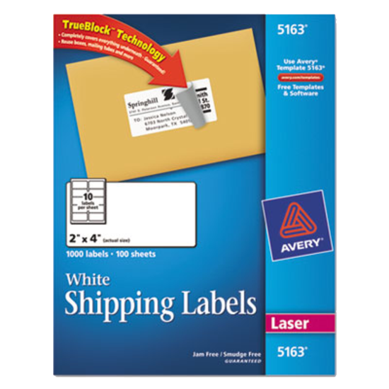 Avery® Shipping Labels with Ultrahold™ Adhesive and TrueBlock® 2"x 4" White Box of 1000 product image