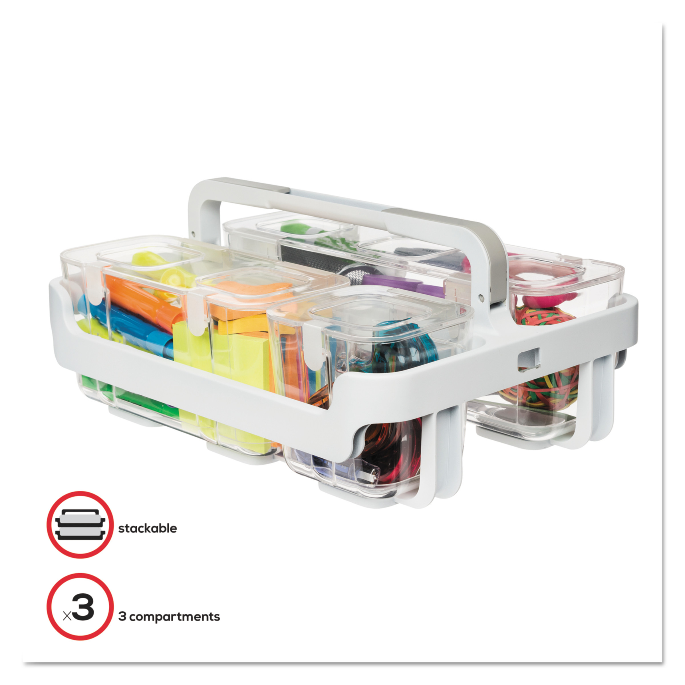deflecto® Stackable Caddy Organizer with S/M/L Containers White Caddy Clear Containers product image