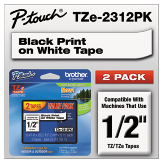 Brother® TZe Laminated Labeling Tape 1/2" Black on White Pack of 2 product image