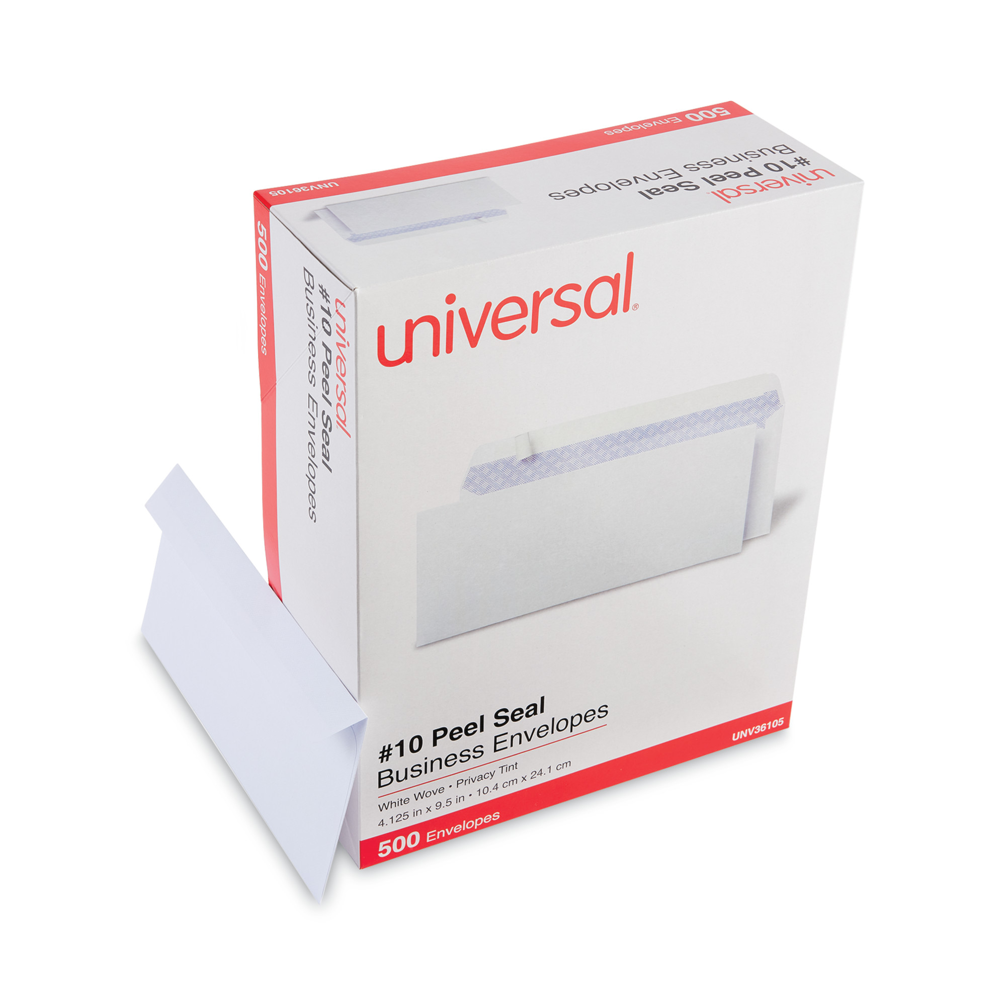 #10 Universal Peel Seal Strip Security Tint Business Envelope Square Flap 4.25 x 9.63 White Box of 500 product image