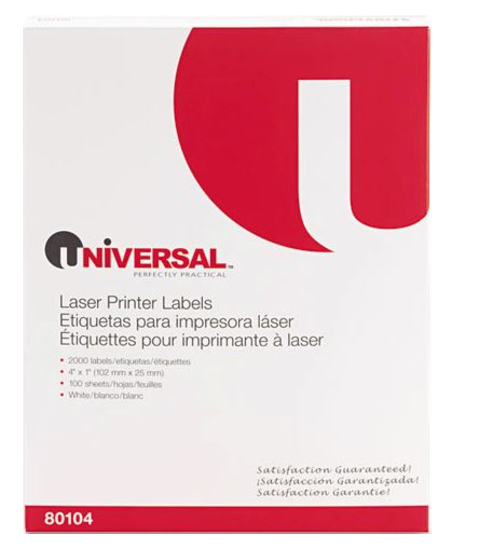 Universal White Laser Printer Permanent Labels 1 x 4 100 Sheets Box of 2000 product image