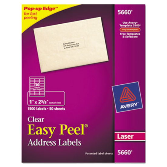 Avery® Clear Easy Peel Mailing Labels Laser 1" x 2-5/8" Box of 1500 product image