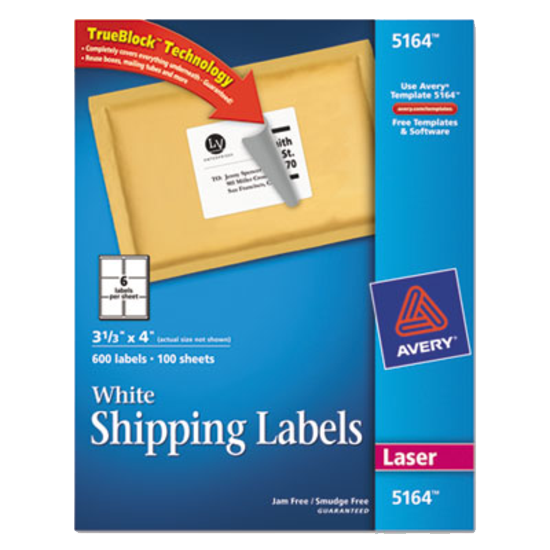 Avery® Shipping Labels with Ultrahold™ Adhesive and TrueBlock® 3-1/3" x 4" White Box of 600 product image