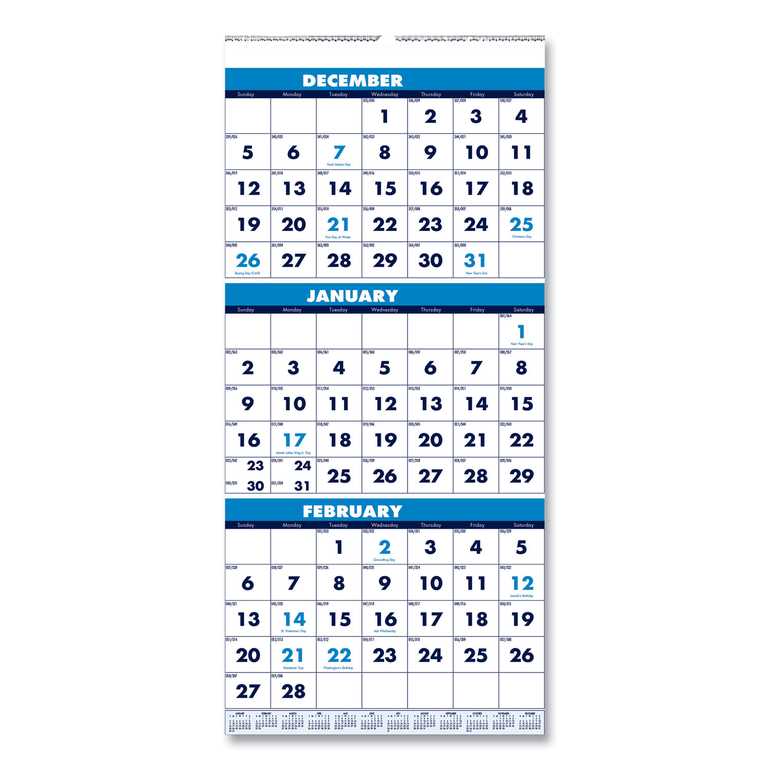 Recycled Three-Month Format Wall Calendar Vertical Orientation 8 x 17 White Sheets 14-Month: Dec 2024 to Jan 2026 product image